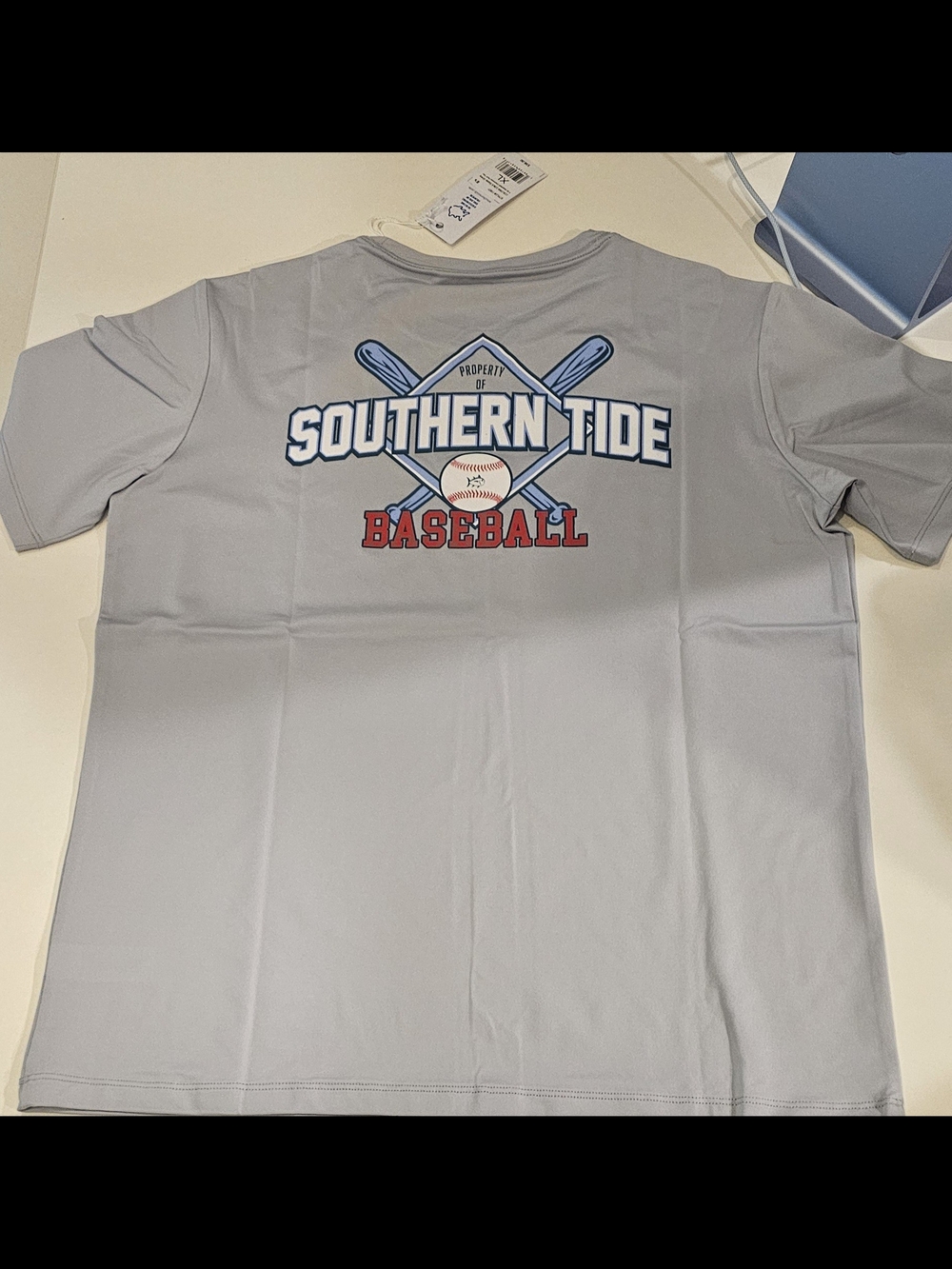 Southern Tide Gray Youth Baseball Graphic Tee with Blue Logo